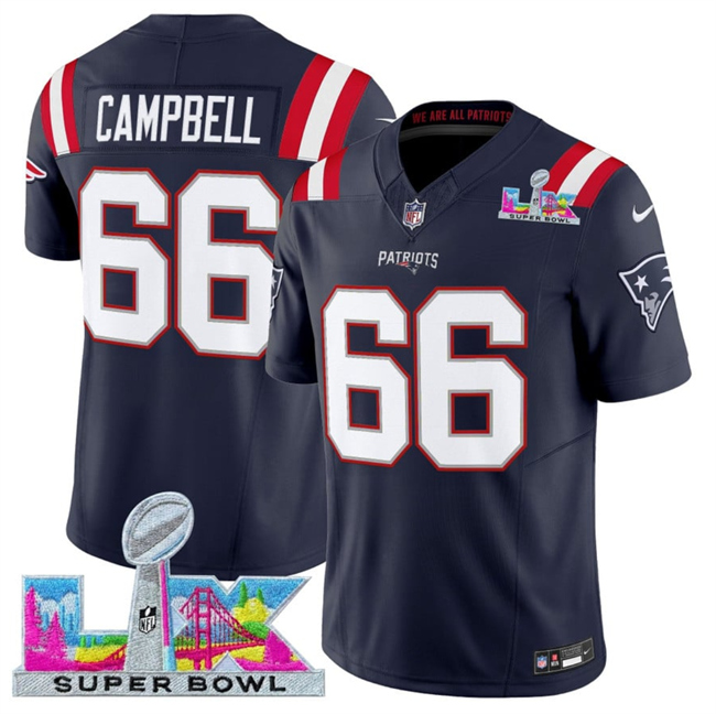 Men's New England Patriots #66 Will Campbell Navy 2025 F.U.S.E. Super Bowl LX Patch Vapor Limited Stitched Football Jersey